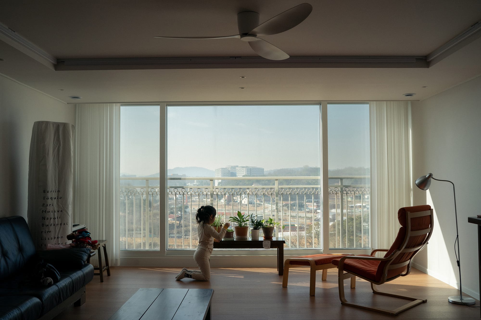 A child kneels beside potted plants in a sunlit room, framed by a sofa, an armchair and a wide window.