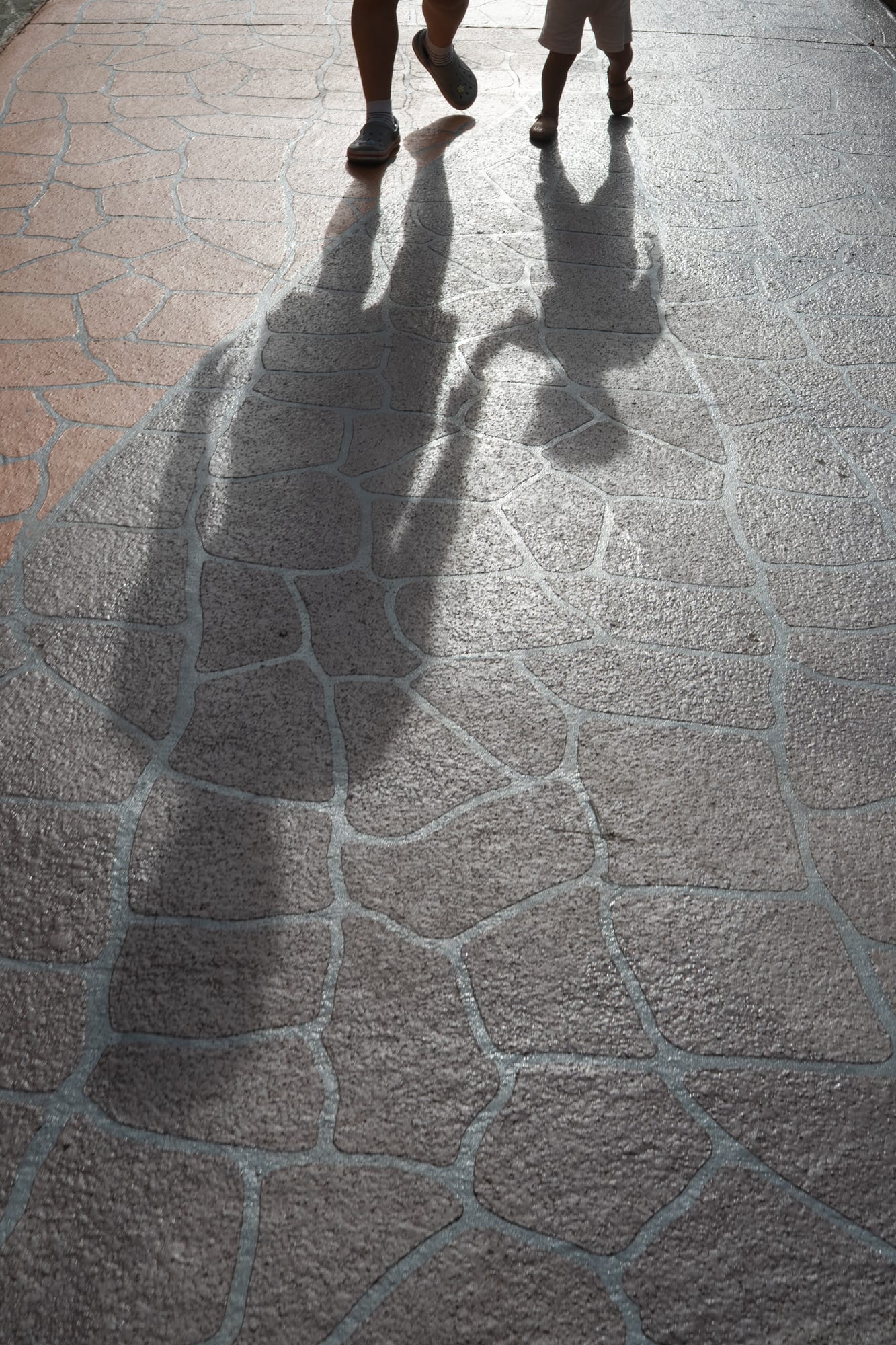 Two people walk along a stone path, their shadows stretching toward the camera.