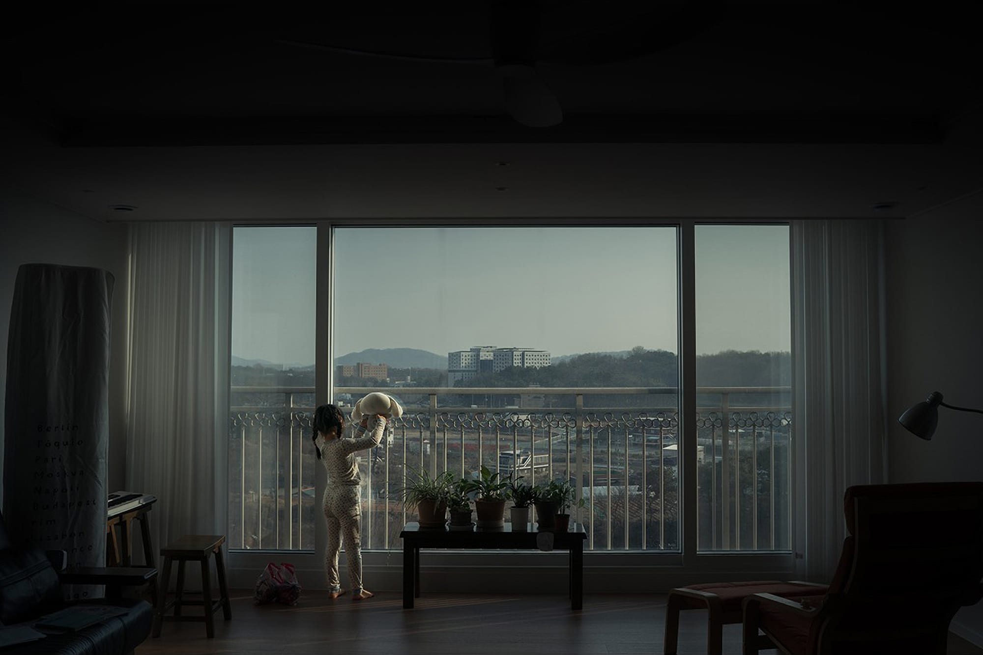 A child lifts a doll in front of a window.