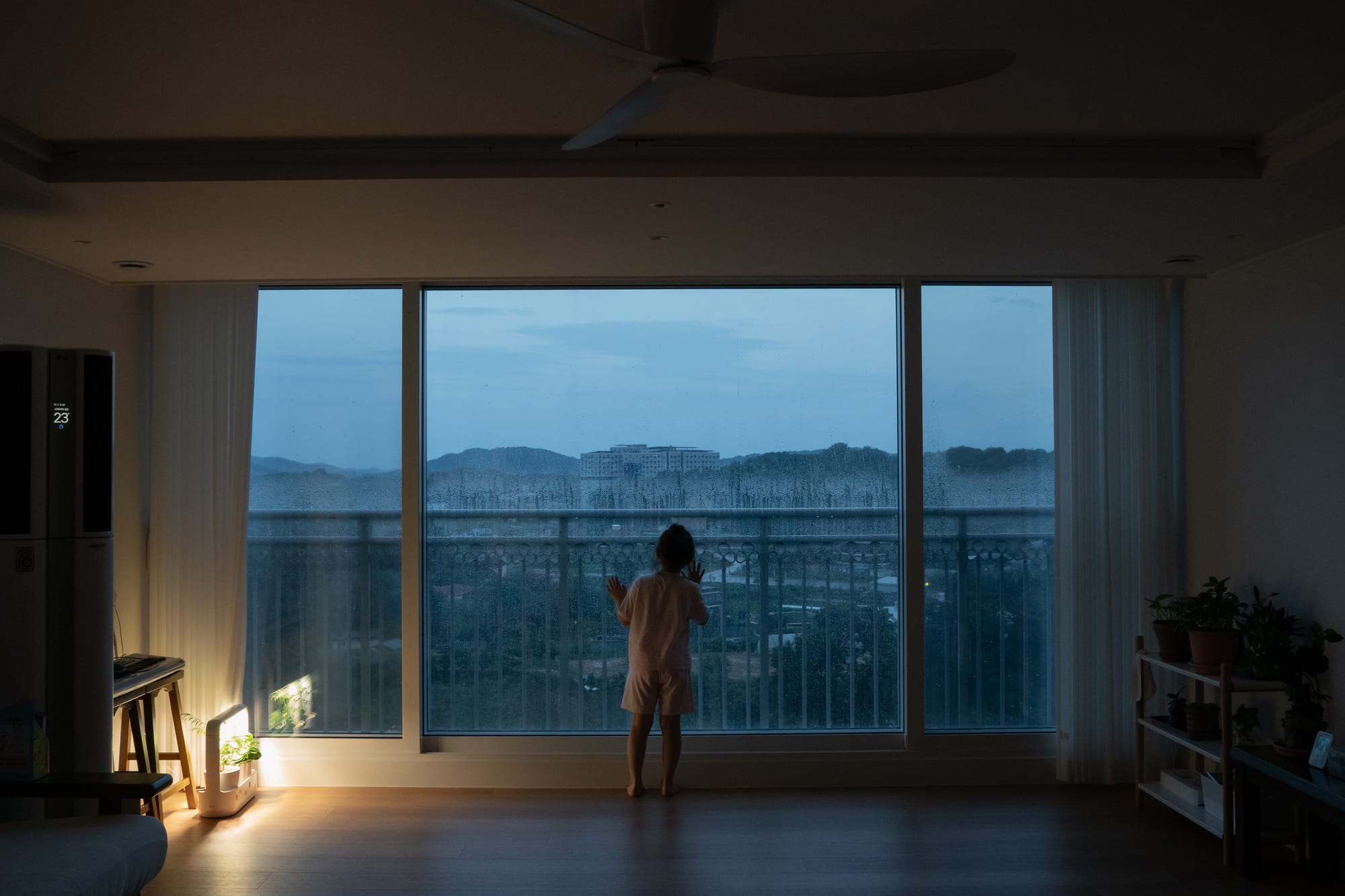 A child stands by the window at dusk.