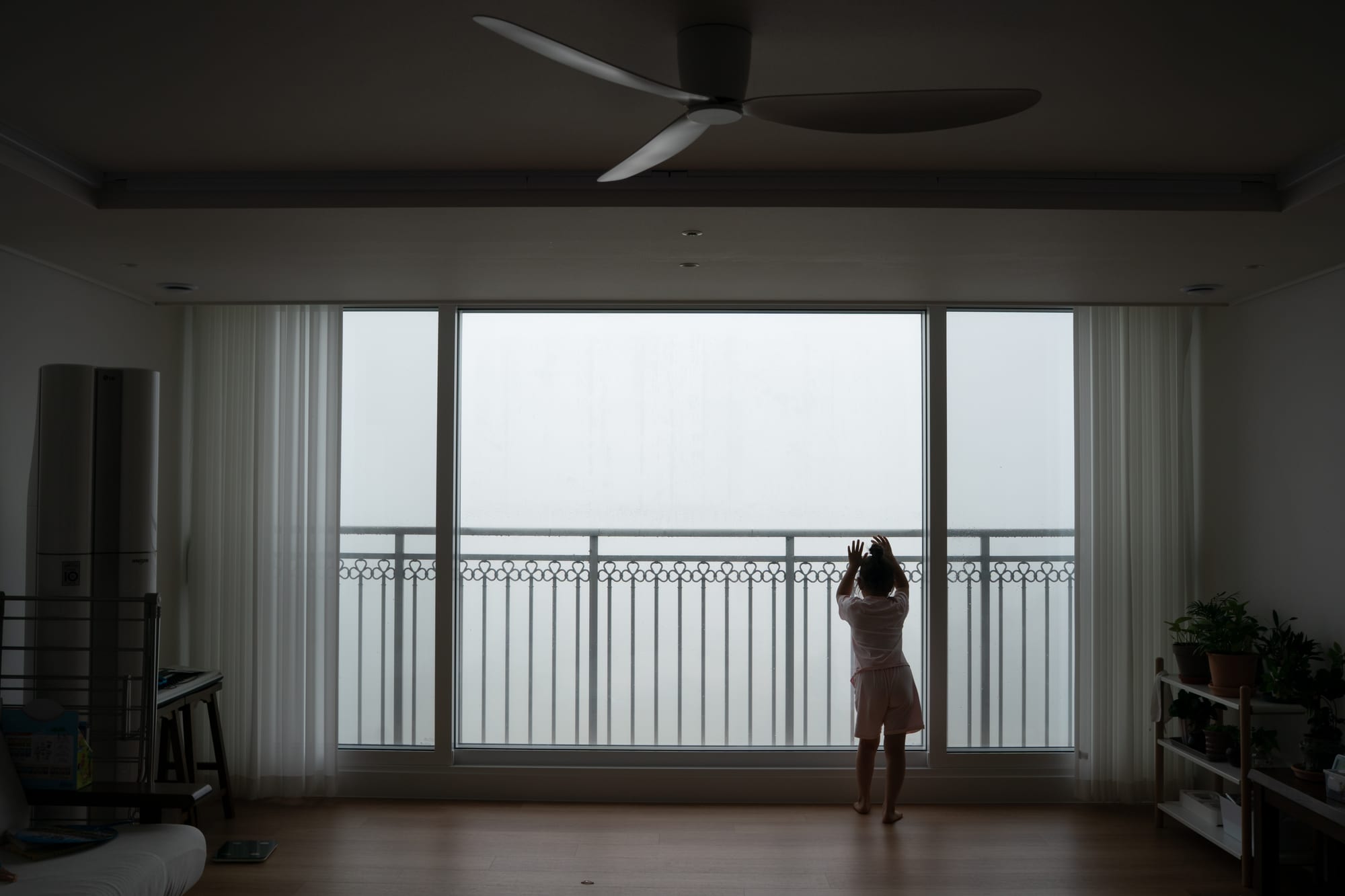 A child stands by a hazy window.