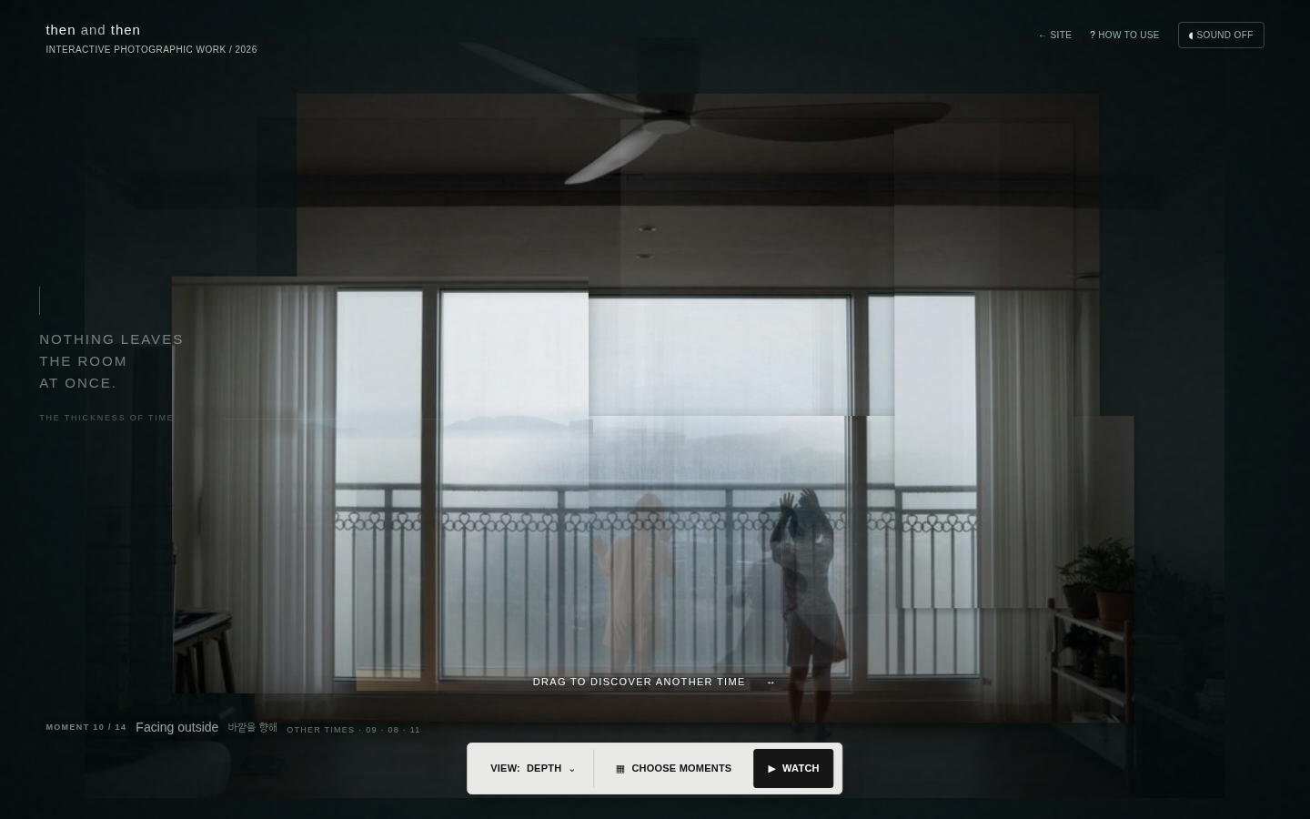 Preview of an interactive artwork: overlapping views of a room and window with a figure and on-screen controls.